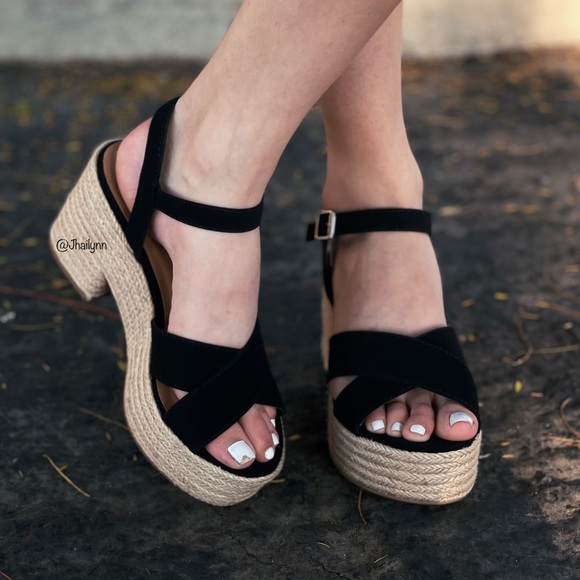 Black strap espadrille platform block heel sandal - Picture 5 of 6